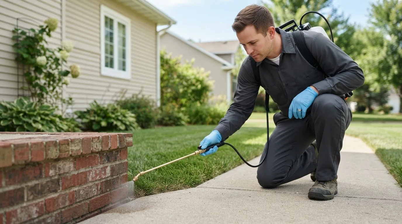 Pest control technician treating a home near Waltonville, IL