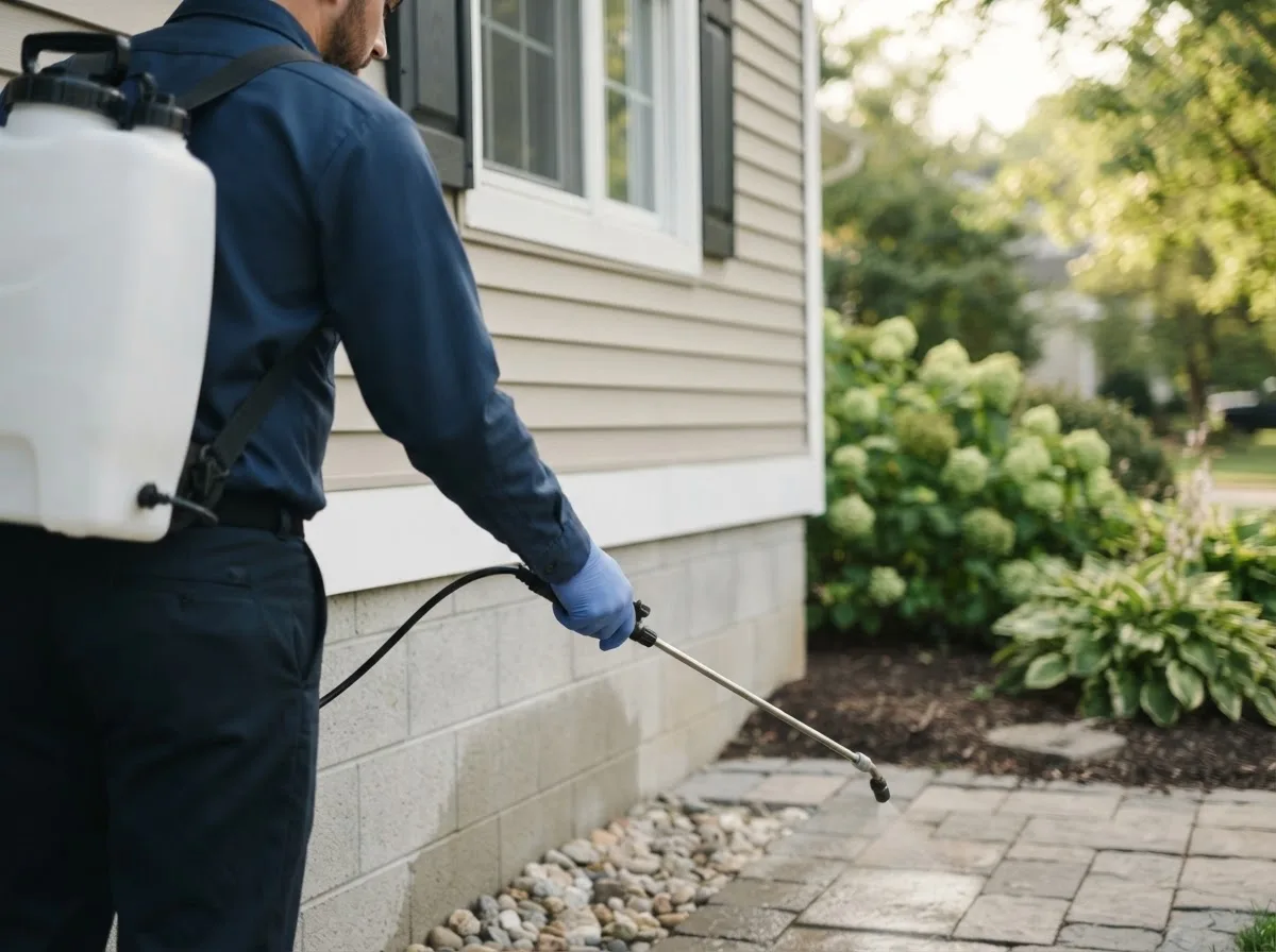 Pest control technician inspecting a home in Waltonville, IL